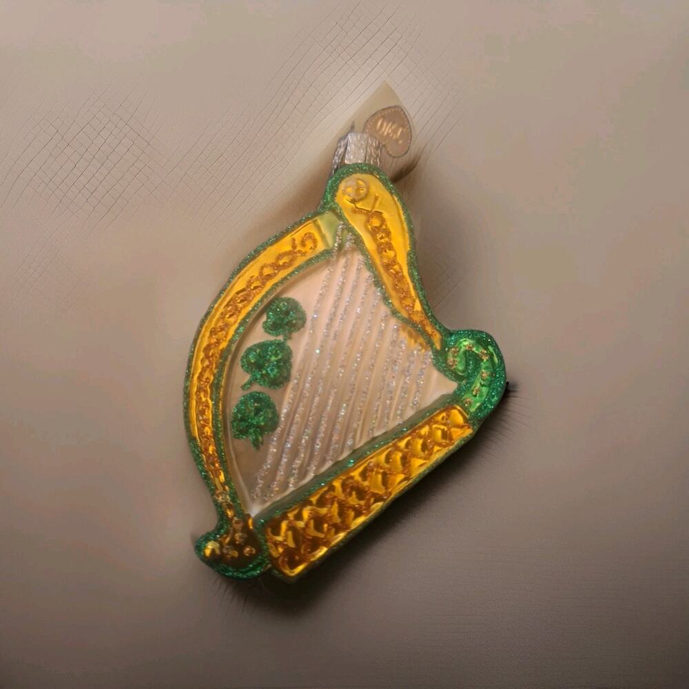 OWC Irish Harp Shamrock Glass Ornament, Glitter Green Gold St. Patrick's Day 4in